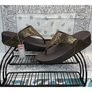 NWT Fitflop Womens Lulu Superglitz Sandal Size 6 Gold Thong Flip Flop Toe Post
